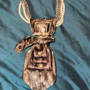 Elegant Brown Satin Scarf Tie with Pearl Accent